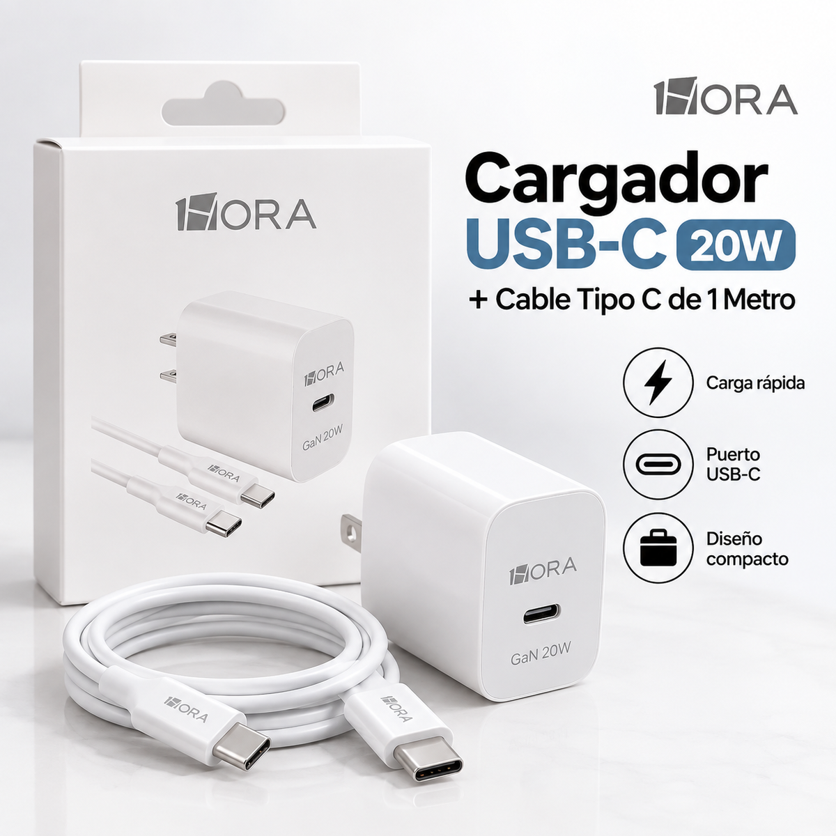 Cargador 1H USB-C 20W + Cable Tipo C de 1 Metro