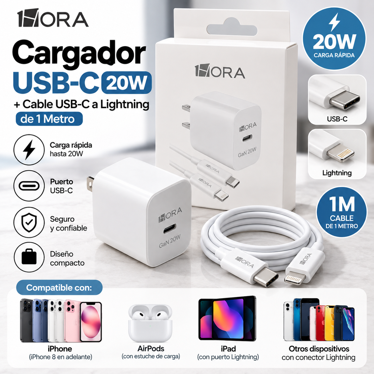 Cargador 1HORA USB-C 20W + Cable USB-C a Lightning de 1 Metro